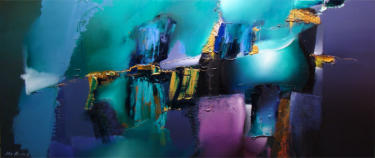 modern abstract olieverf schilderij groot blauw groen paars horizontaal 